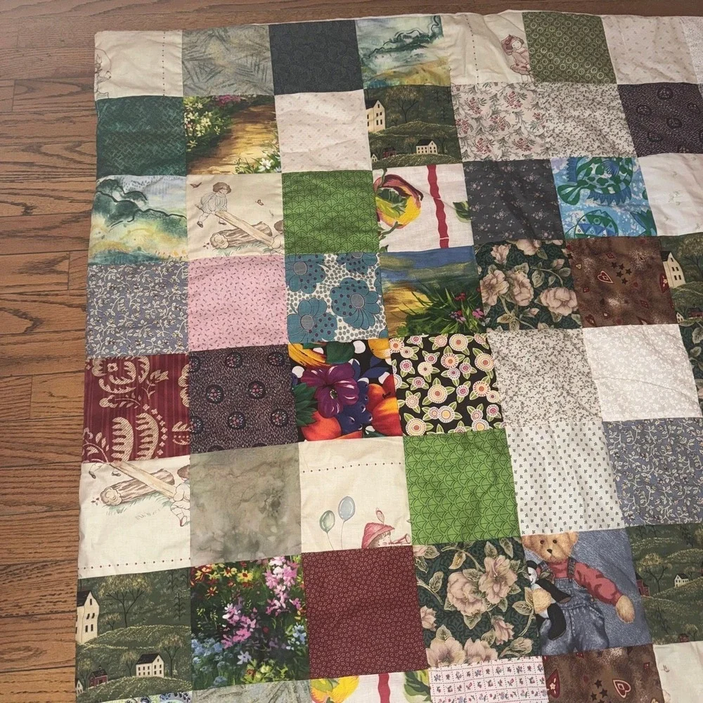 Handmade patchwork quilt floral & country-themed squares approx 46x67.5